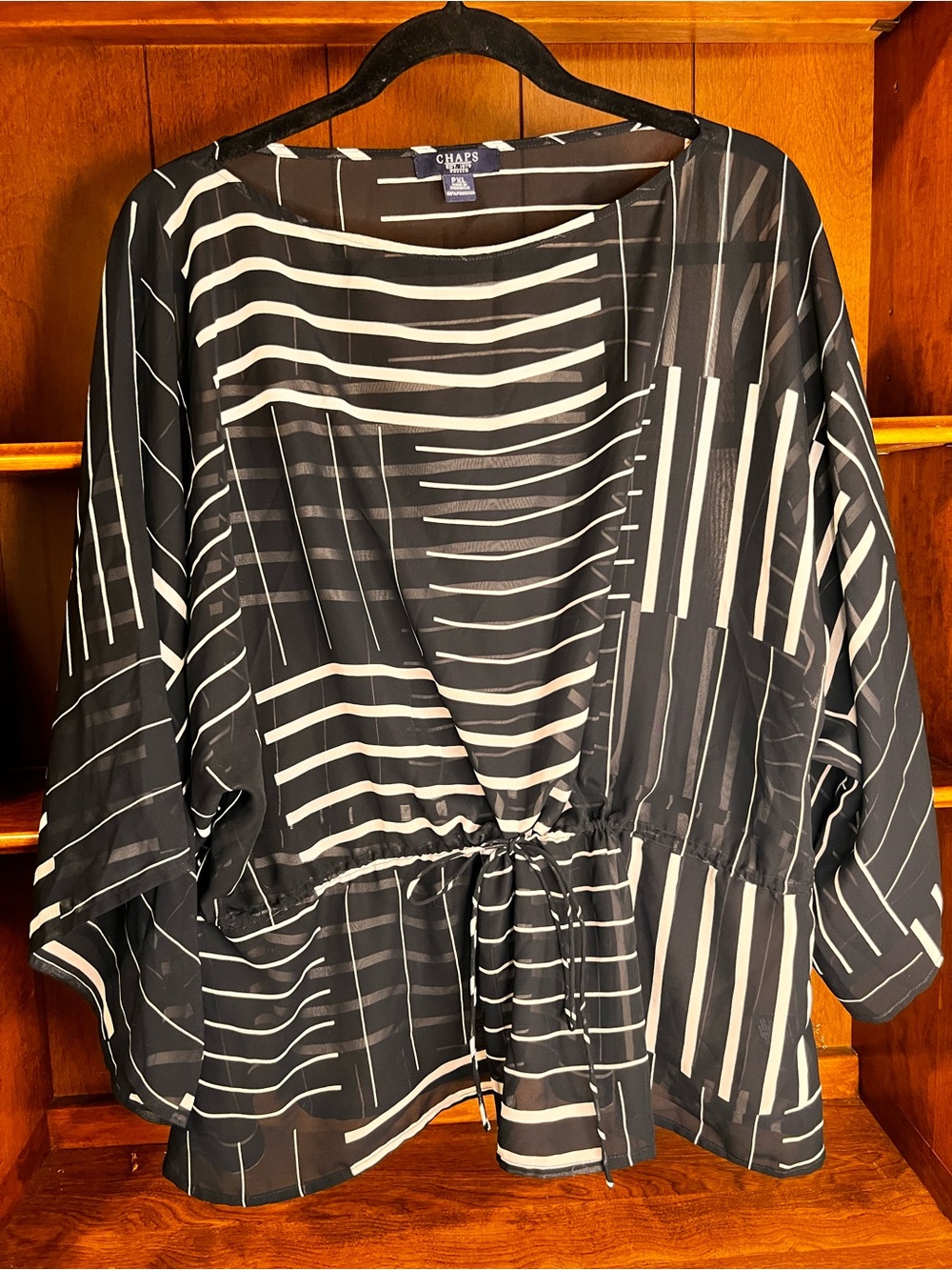 Chaps Black & White Coastal Striped Sheer Drawstring Waist Wide 3/4 Sleeved Top